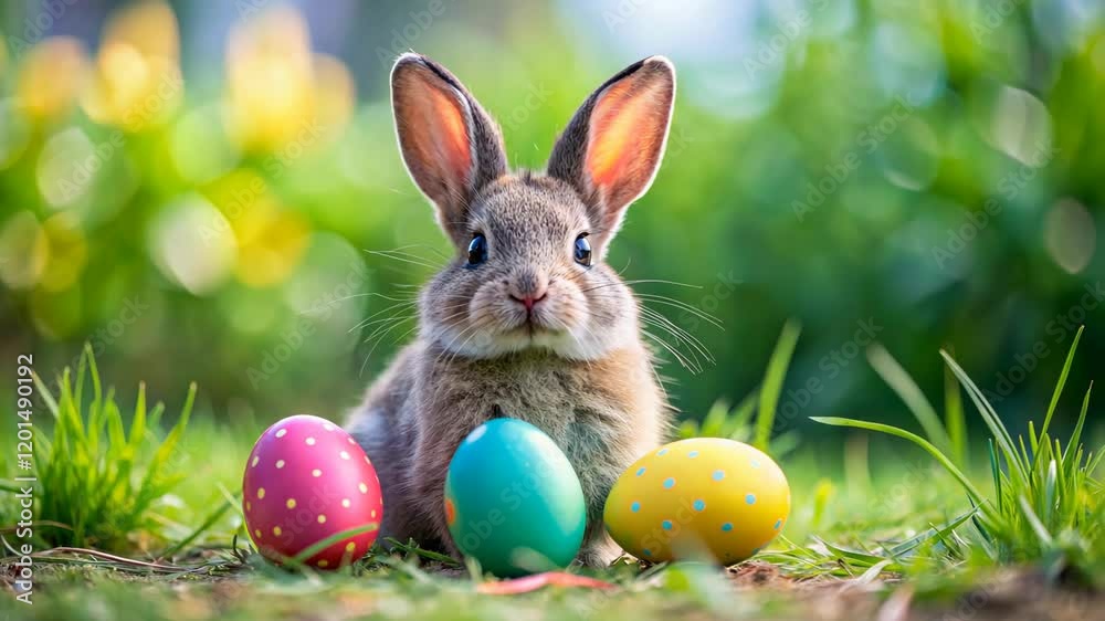 Cute Easter rabbit sitting among colorful eggs, surrounded by vibrant flowers and fresh green grass. The warm sunlight creates a cheerful atmosphere of spring. Happy Easter