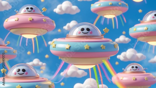 Cute and whimsical alien spaceships flying through a bright blue sky surrounded by fluffy clouds and colorful rainbows photo