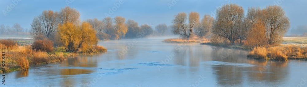 Autumn river, misty morning, tranquil landscape, nature photography Autumn river, misty morning, tranquil landscape, nature photography