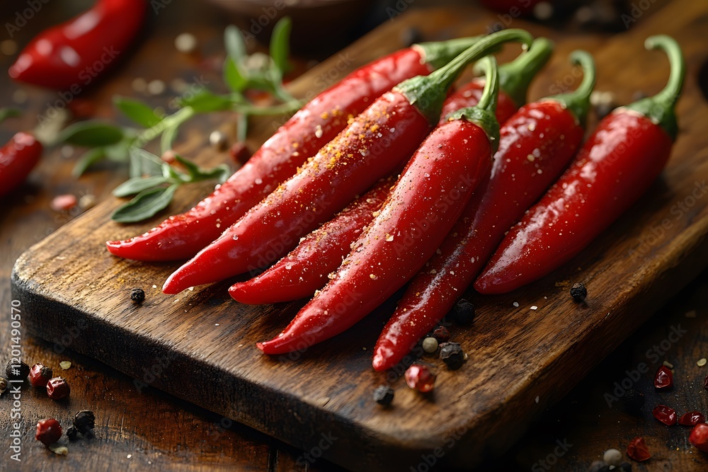 Fresh Red Chili Peppers on Rustic Wooden Board for Spicy Cooking Inspiration Fresh Red Chili Peppers on Rustic Wooden Board for Spicy Cooking Inspiration
