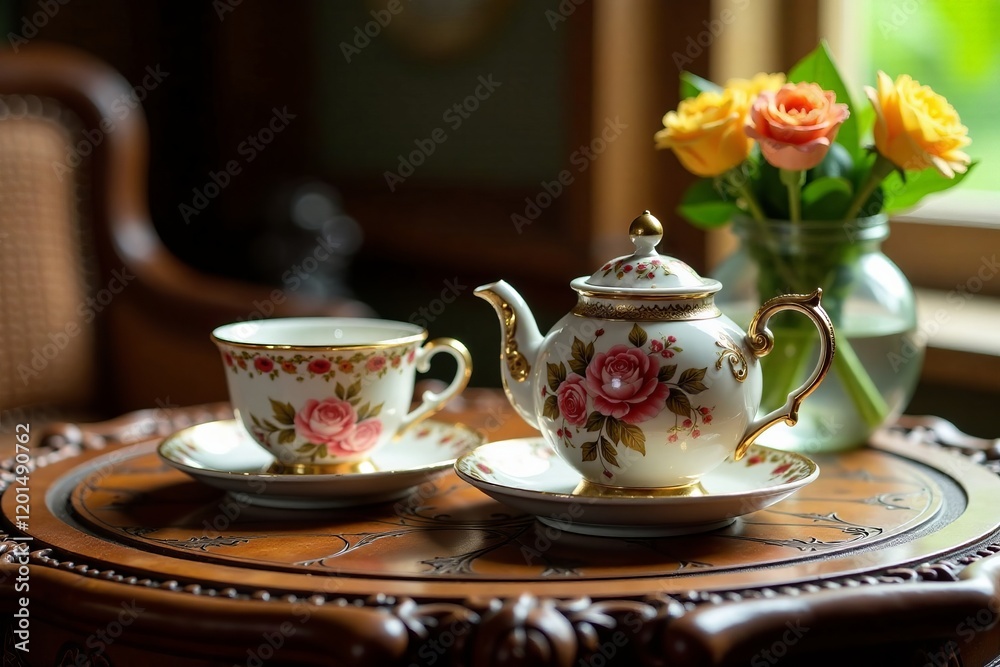 Fototapeta premium Elegant tea set on a wooden table with flowers, perfect for cozy gatherings.