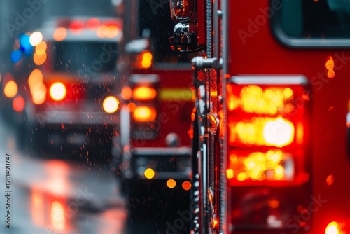 Emergency response vehicles illuminate a rainy street during a fire incident photo