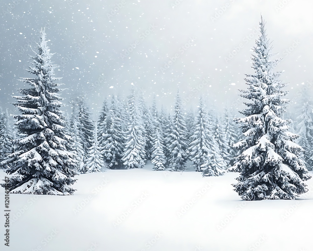 Snowfall over a field of snow-covered pine trees. Snowfall over a field of snow-covered pine trees.