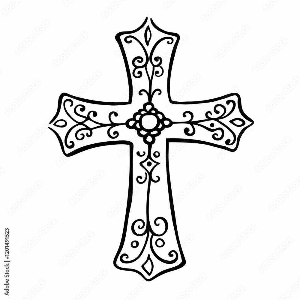 Intricate Ornamental Cross Design with Floral and Swirl s for Religious Art