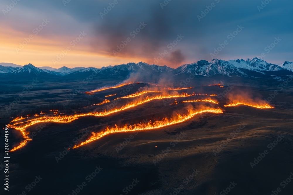 Fototapeta premium Wildfire advances across a mountainous landscape at dusk with vibrant flames illuminating the horizon