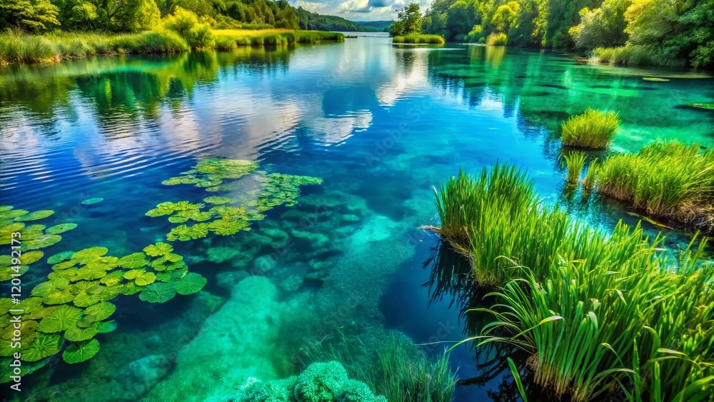Serene Greenish-Blue Water Landscape: Copy Space for Text & Design Serene Greenish-Blue Water Landscape: Copy Space for Text & Design