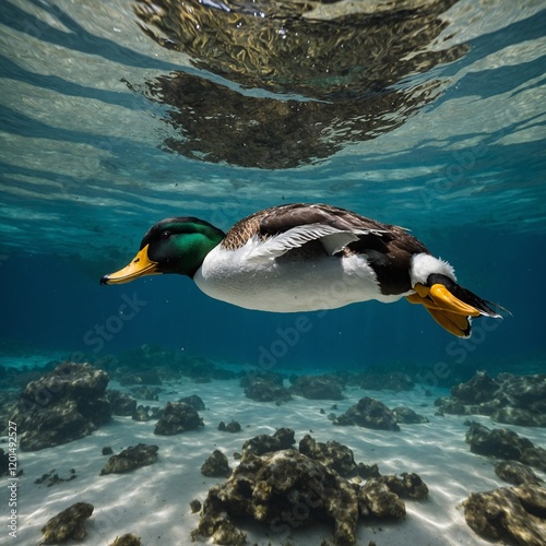A goldeneye duck diving underwater in crystal-clear waters.