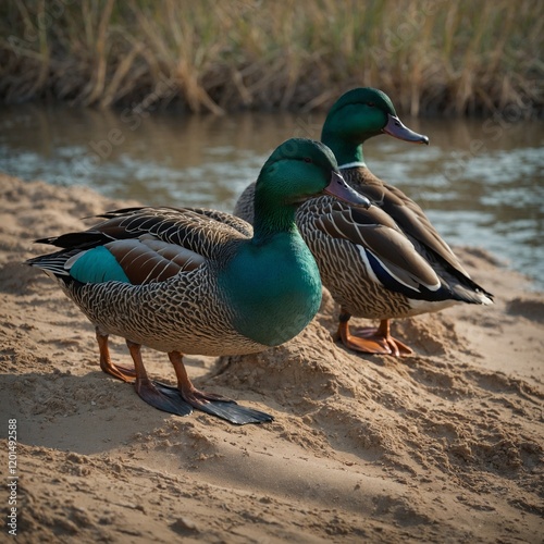 A pair of teal ducks resting on a sandy riverbank.