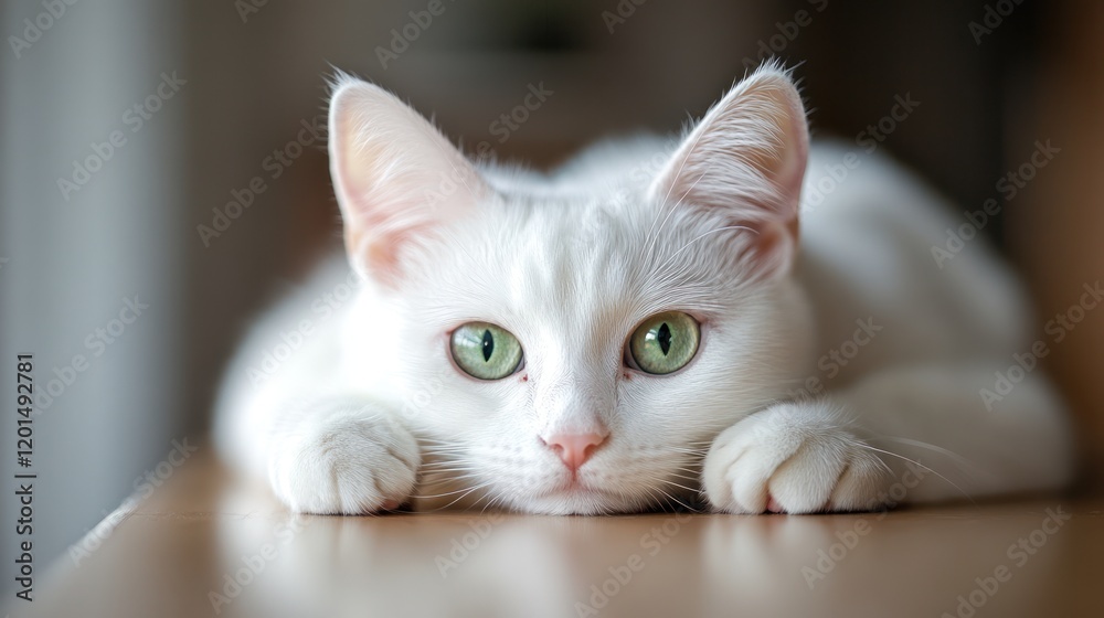 Serene White Cat Resting on a Table Serene White Cat Resting on a Table