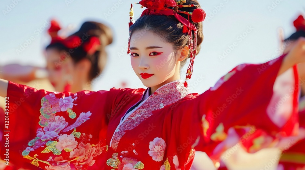 Young woman in red kimono performing traditional Japanese dance. Young woman in red kimono performing traditional Japanese dance.
