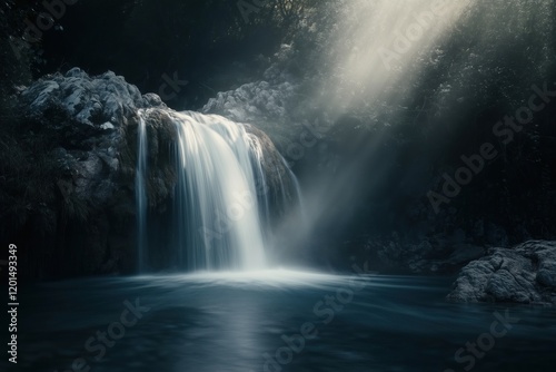 A tranquil waterfall cascading over rocks in a lush green forest.
