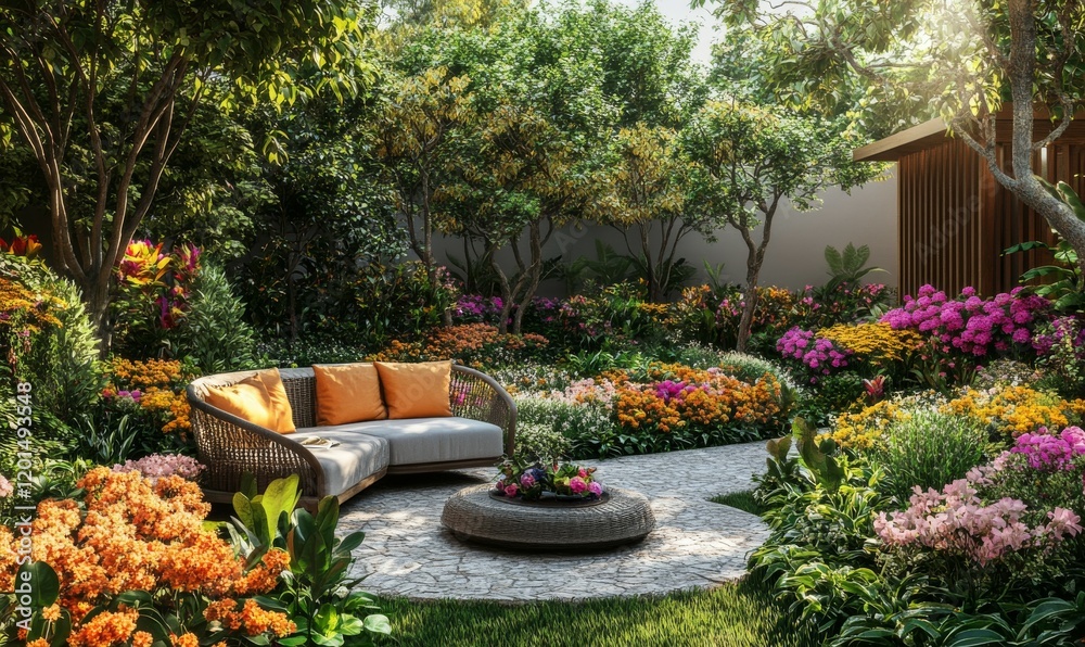 Charming garden seating area surrounded by vibrant flowers and lush greenery in springtime Charming garden seating area surrounded by vibrant flowers and lush greenery in springtime