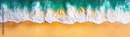 Aerial view of ocean waves crashing on sandy beach. Tropical summer vacation background