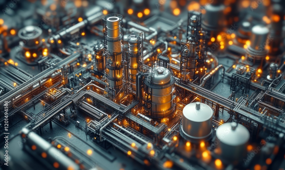 Miniature industrial landscape with glowing pipes and structures Miniature industrial landscape with glowing pipes and structures