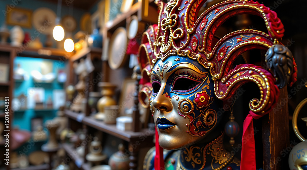 Fototapeta premium Jester mask in a workshop environment, vibrant colors, carnival atmosphere, detailed and artistic shot
