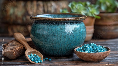 Rustic cooking pot and ingredients on a wooden surface photo