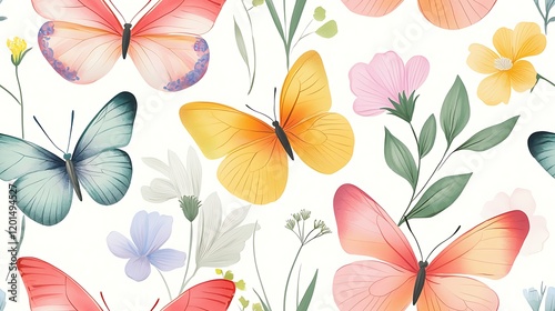 Colorful butterflies and wildflowers seamless pattern; spring nature background for textile design