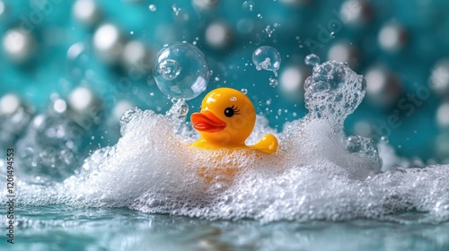 Yellow rubber duck in soapy bubbles.