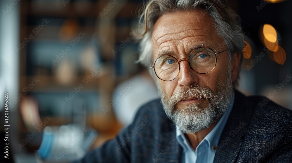 Senior man in eyeglasses looking at camera in café Senior man in eyeglasses looking at camera in café