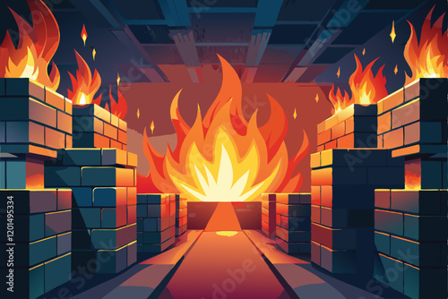 A dynamic illustration of a literal firewall made of glowing red and orange flames, blocking malicious binary codes and dark shadowy figures,