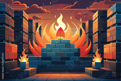 A dynamic illustration of a literal firewall made of glowing red and orange flames, blocking malicious binary codes and dark shadowy figures,