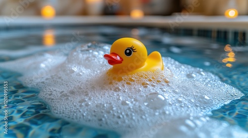 Yellow rubber ducky floating in jacuzzi bubbles.