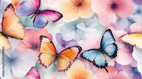 Colorful butterflies flutter amidst pastel flowers; spring nature background; ideal for decor