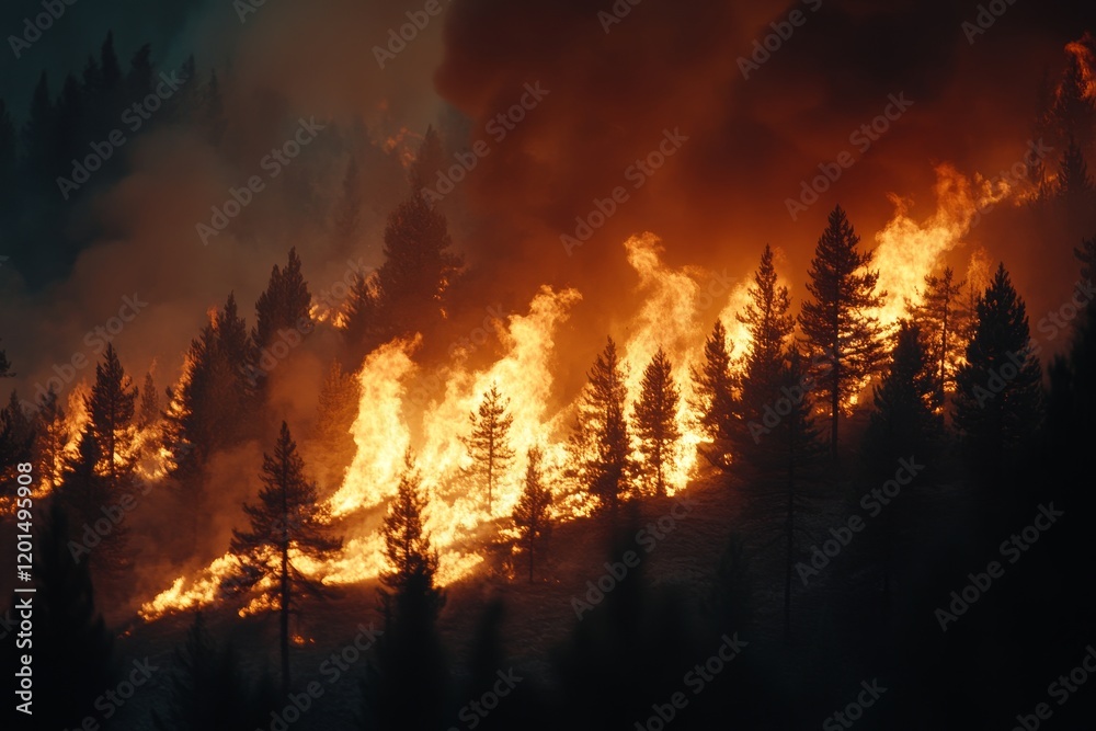 Forest fire spreads rapidly through trees in a mountainous region during the evening hours Forest fire spreads rapidly through trees in a mountainous region during the evening hours
