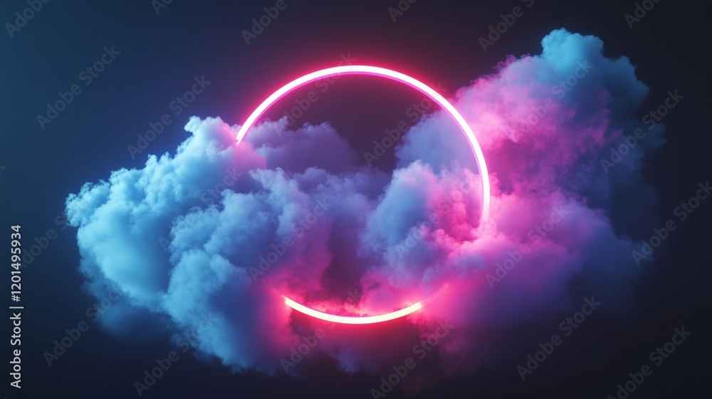 Obraz premium Glowing pink neon circle ring in vibrant blue and pink clouds.