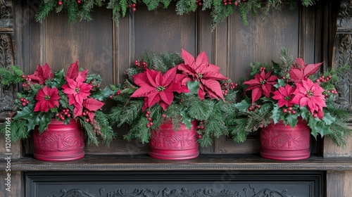 Festive poinsettias in red pots on wooden mantelpiece, Christmas decorations, holiday season photo