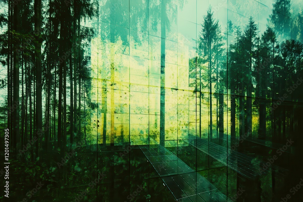 Obraz premium Double Exposure of Solar Panels in a Forested Environment Showcasing Sustainable Energy Solutions Amidst Nature’s Beauty and Reflection