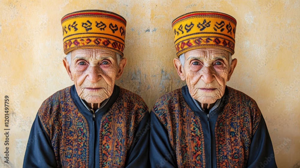 Obraz premium Mirrored Elegance: Tunisian Elderly Twins in Jebba Garments and Traditional Hats, Embracing Warm Colors in Synchrony