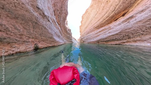 Wadi swimmer lets himself float in an Oman oasis