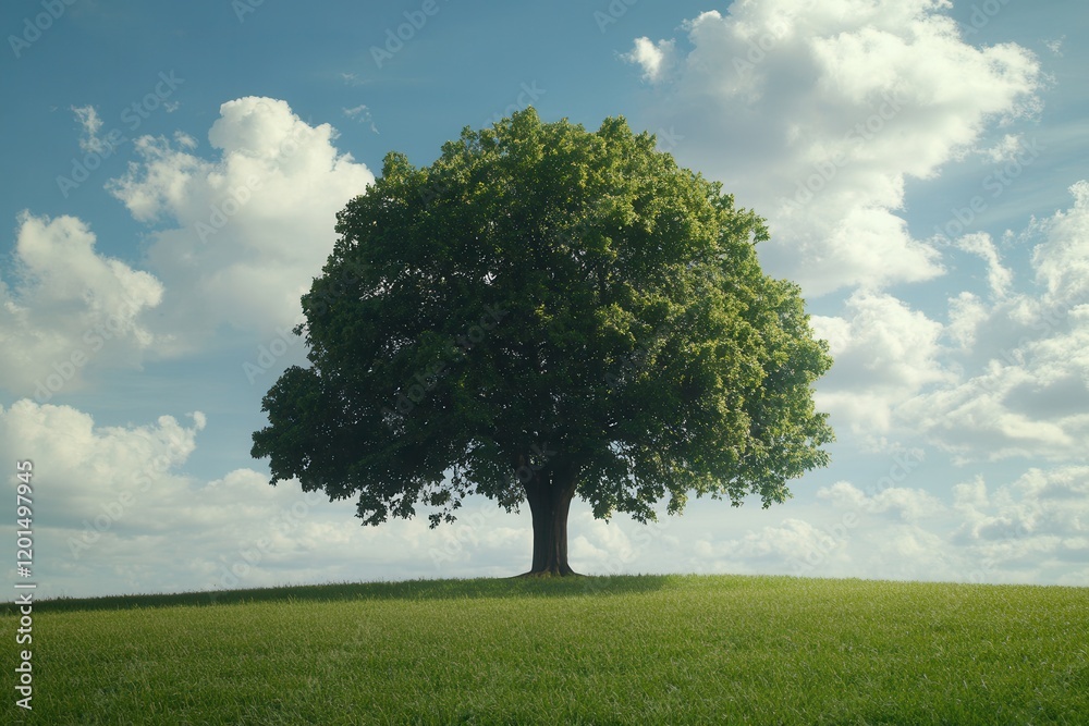 Obraz premium Lush Green Tree Against a Cloudy Sky with Open Space Background Ideal for Nature and Landscape Themes