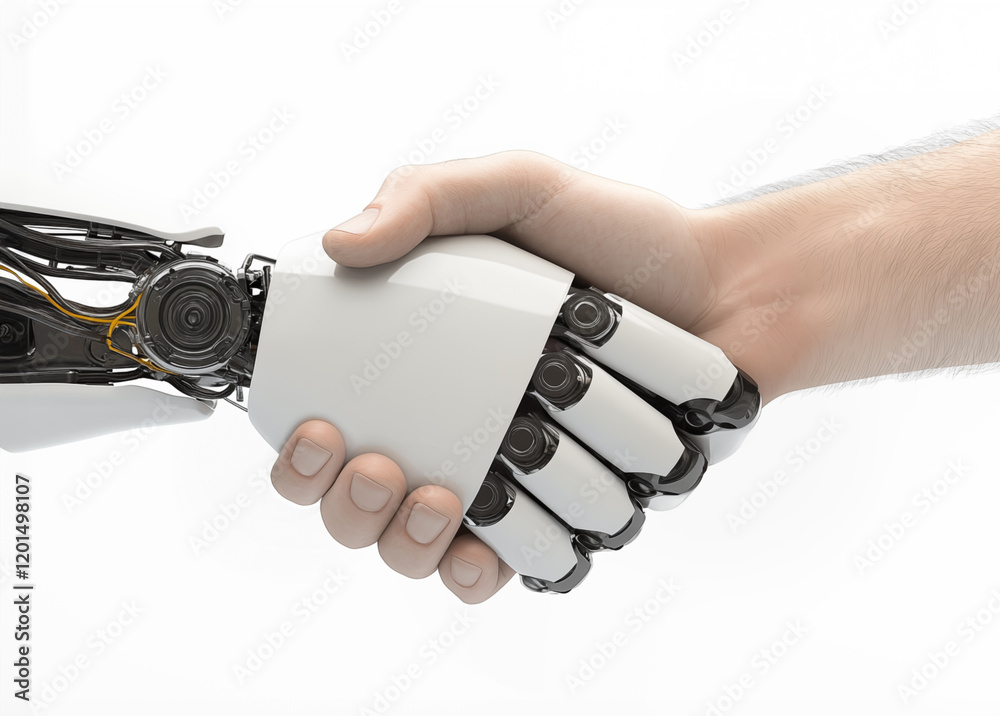 AI robot and human shaking hands. A handshake between a white robotic cyborg hand and a human hand, isolated on a white background. AI robot and human shaking hands. A handshake between a white robotic cyborg hand and a human hand, isolated on a white background.