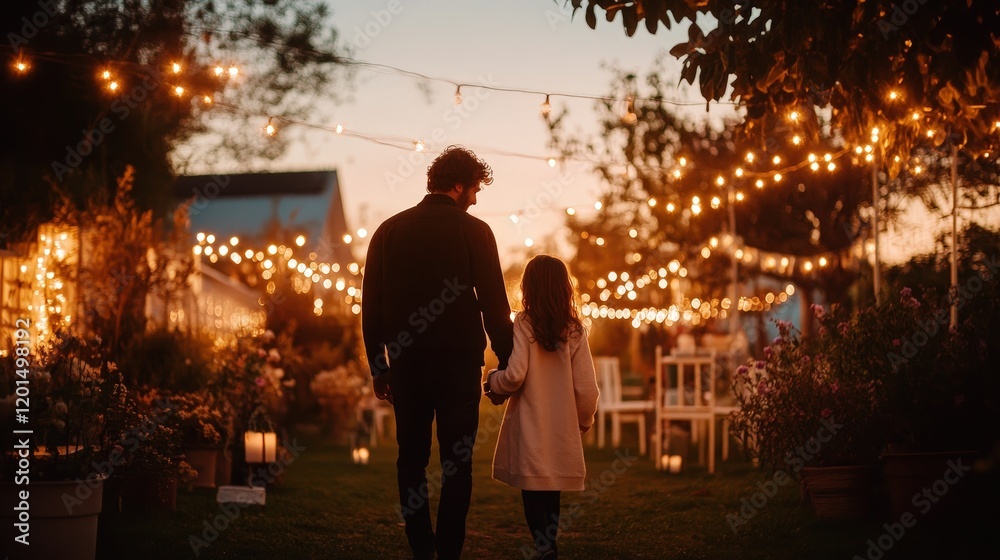 Couple Strolling Hand in Hand at Dusk in a Beautiful Outdoor Garden Decorated with Lights