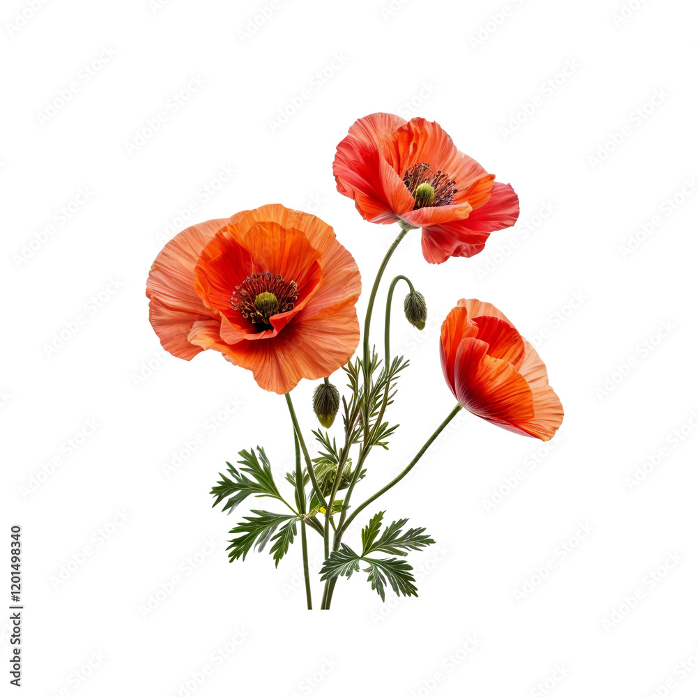 Obraz premium Orange Poppy Flowers Bouquet: Three vibrant orange poppy flowers with delicate green foliage create a captivating floral arrangement, showcasing the beauty and elegance of nature. 