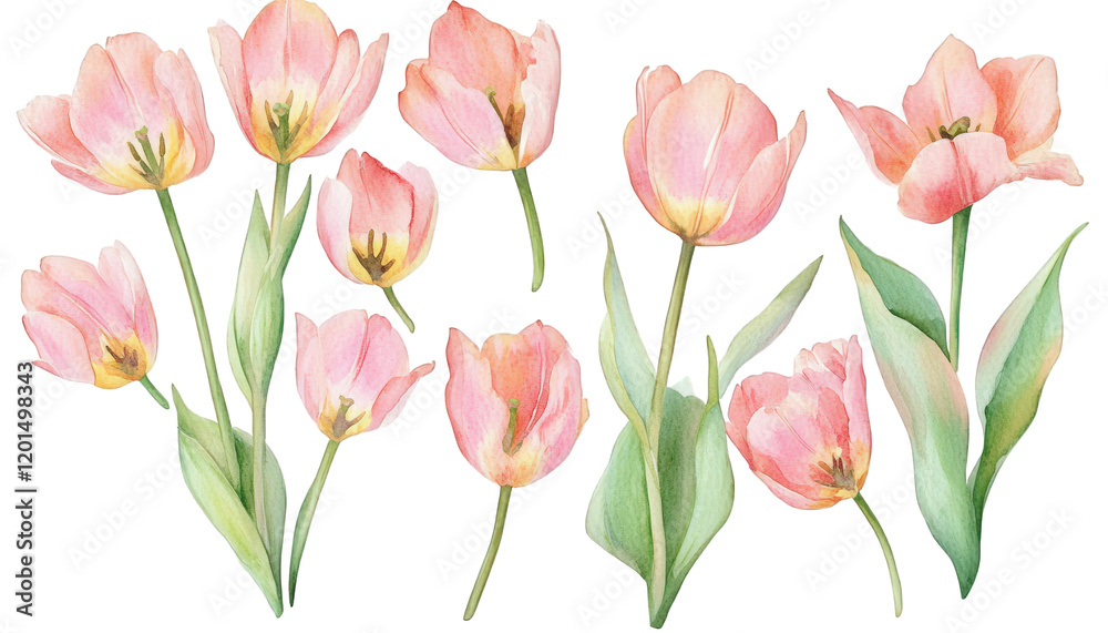 Obraz premium Watercolor Pink Tulips Floral Arrangement Spring Blossom Botanical Illustration Delicate Flowers
