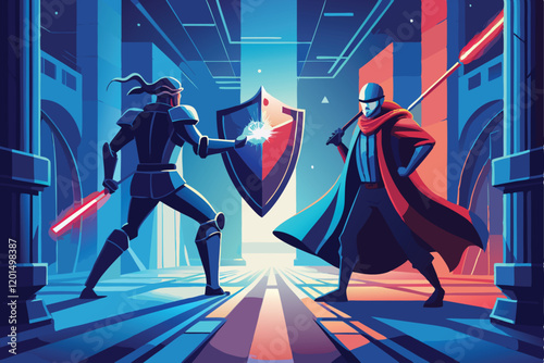 Hacker vs Defender landscape vector illustration, A stylized duel between a shadowy hacker figure and a glowing defender with a shield, 
