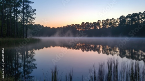 Sunrise over the calm lake with reflections and mist photo