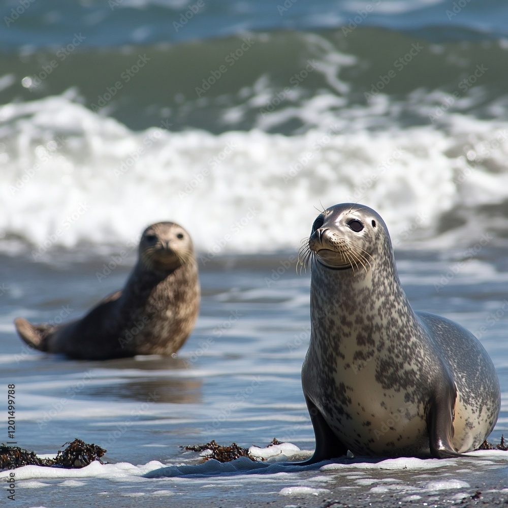 Fototapeta premium Two harbor seals on a beach near ocean waves.