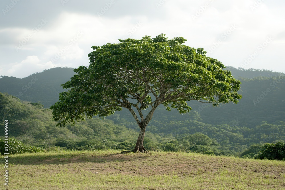 Obraz premium Serene Mountain View with Lush Green Tree in the Foreground Against a Dramatic Natural Background Ideal for Nature and Landscape Photography