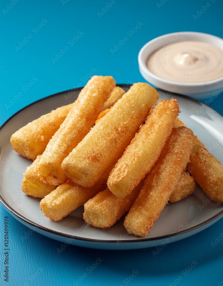 Crispy fried yuca frita sticks on blue background Crispy fried yuca frita sticks on blue background