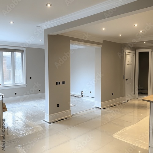 Newly renovated modern home interior showing open concept living space with neutral paint, crown molding, and tile flooring.