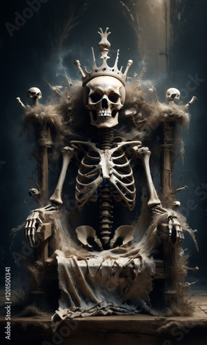 skeleton king ruling from a dark horror throne, encircled by skulls. fantasy art