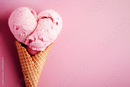 Heart shaped ice cream in a waffle cone on pink, valentines day concept, copyspace