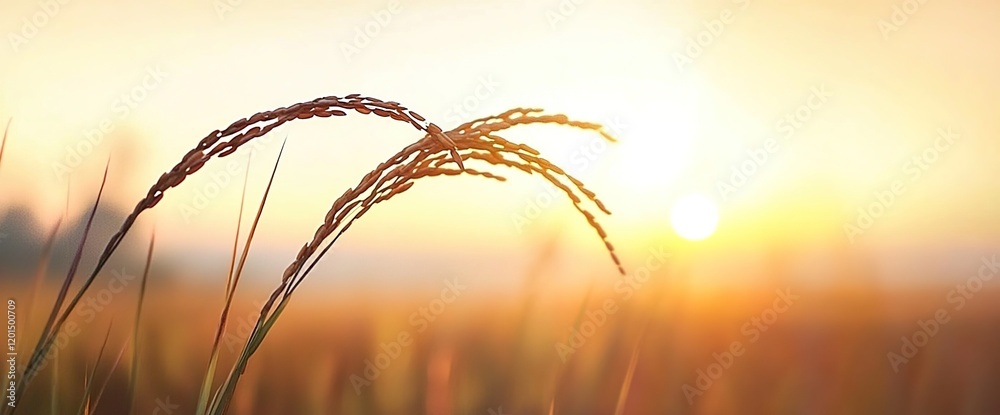 Obraz premium A close-up of rice ears against the backdrop of a sunrise in an autumn field, symbolizing the harvest season and agriculture. 