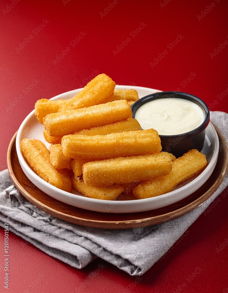 Crispy fried yuca frita sticks on red background Crispy fried yuca frita sticks on red background