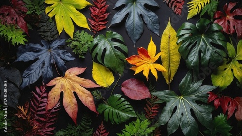 collection of colorful tropical leaves and ferns arranged artfully against a dark background, celebrating the beauty of diverse foliage and exotic botanical textures