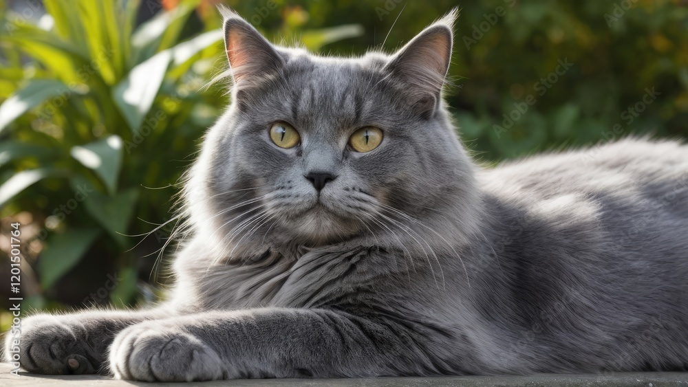 Fototapeta premium Blue british longhair cat lying outside in the garden